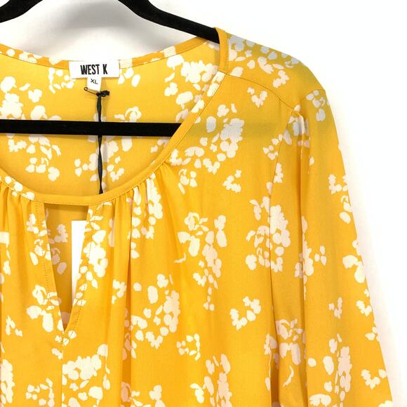 West K Tie Front Keyhole Neck Blouse Womens Sz XL Yellow White Floral Print NEW - Picture 3 of 7